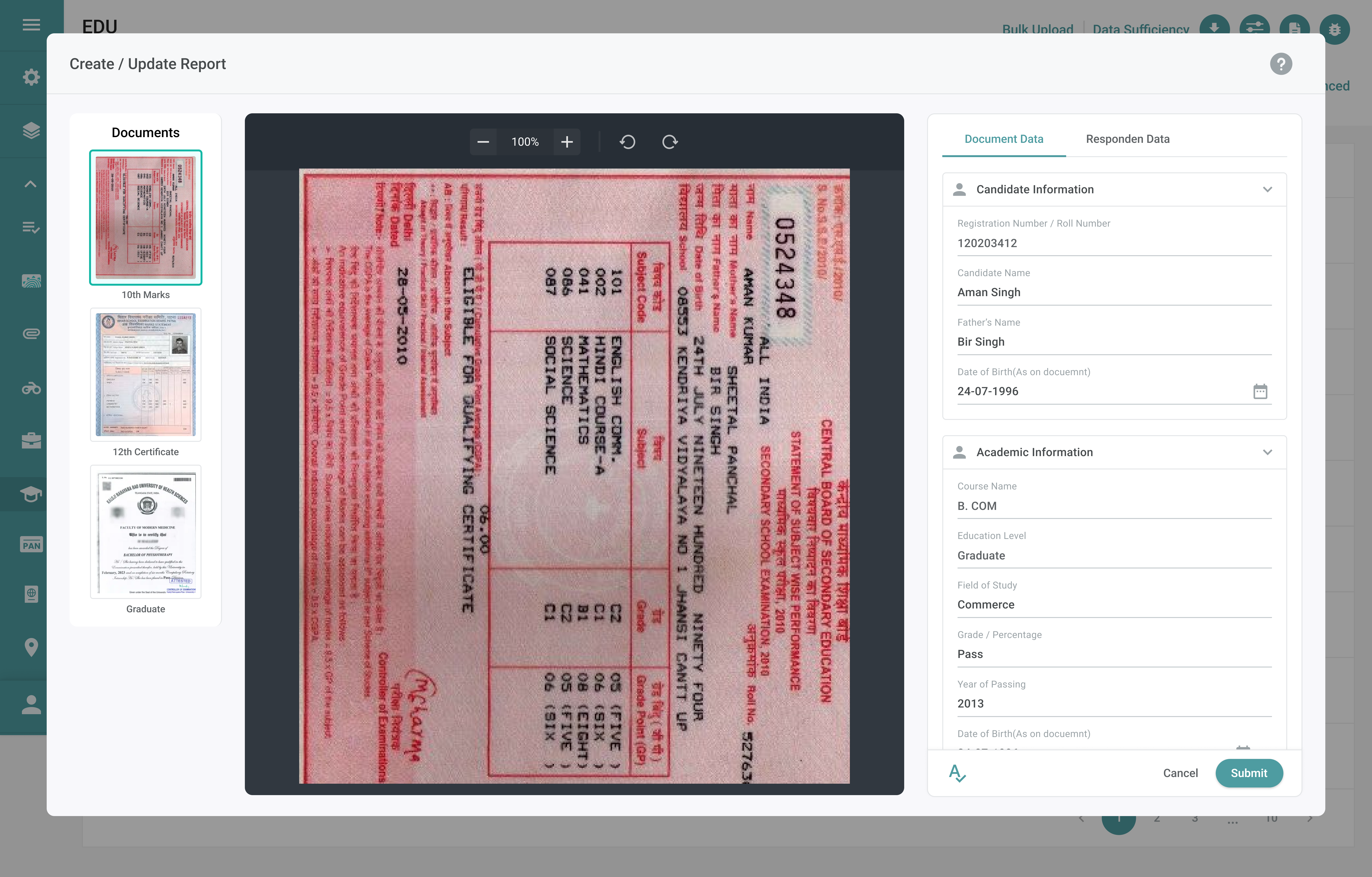 Unified EDU verification workspace with inline document viewer