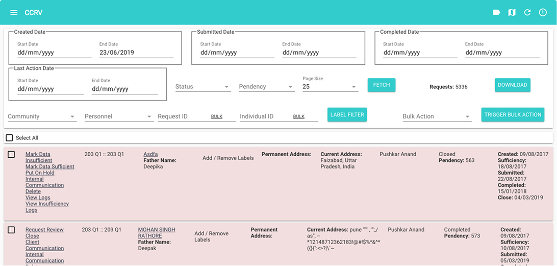 Old ODIN — the main request table before redesign